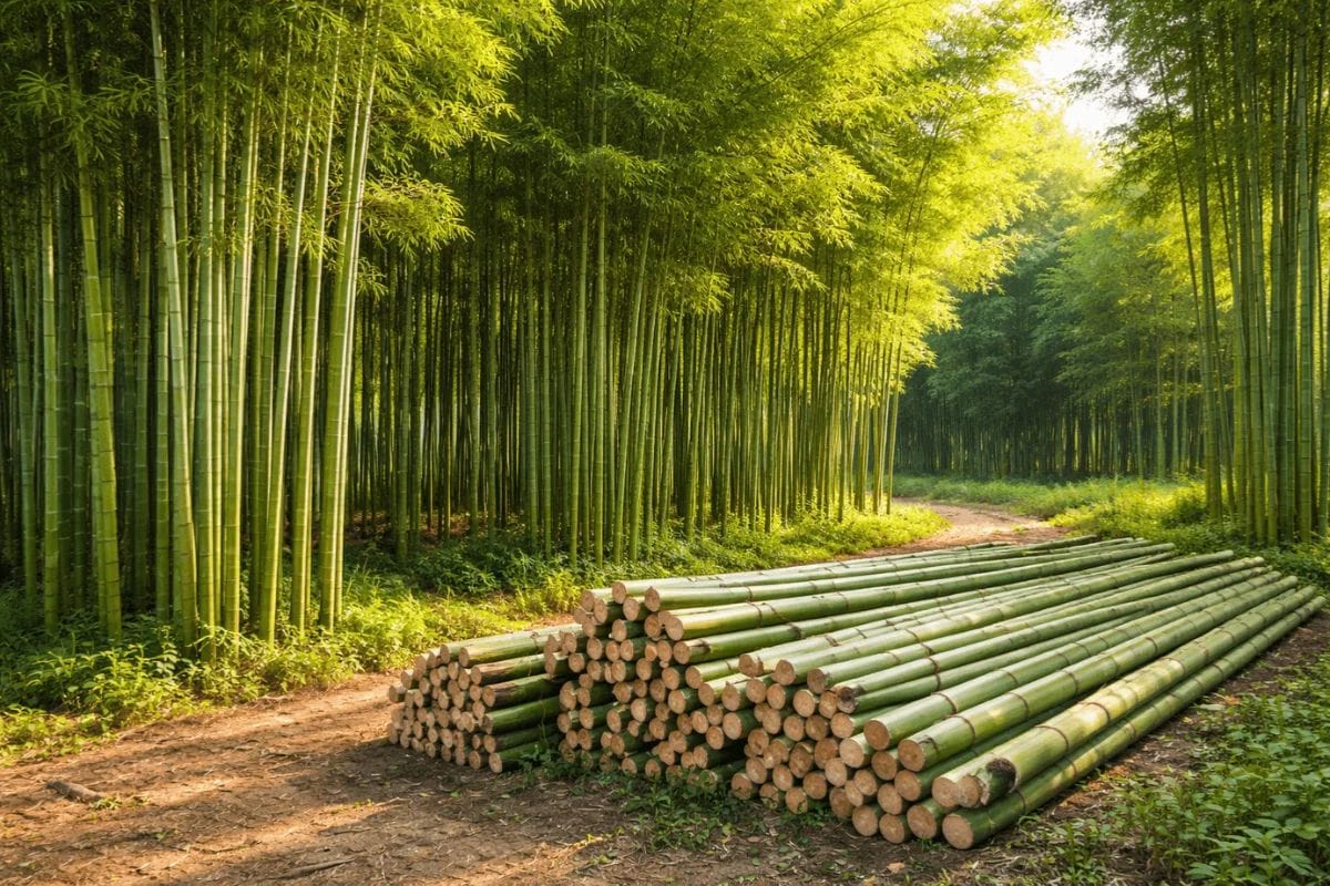 Fast-growing bamboo plantation harvested for commercial use