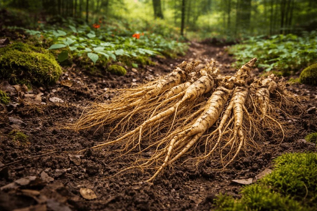 Medicinal ginseng roots grown in shaded forest conditions