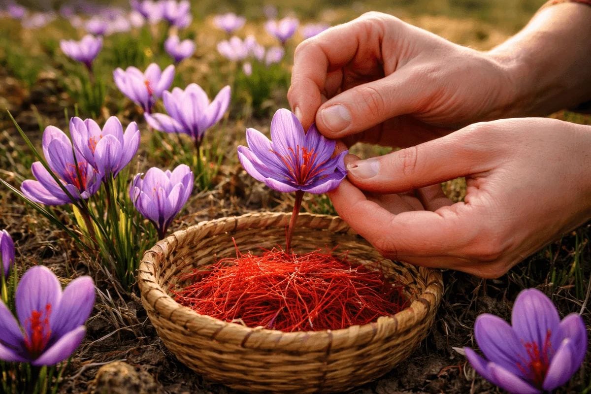 Saffron stigmas being hand-harvested from crocus flowers