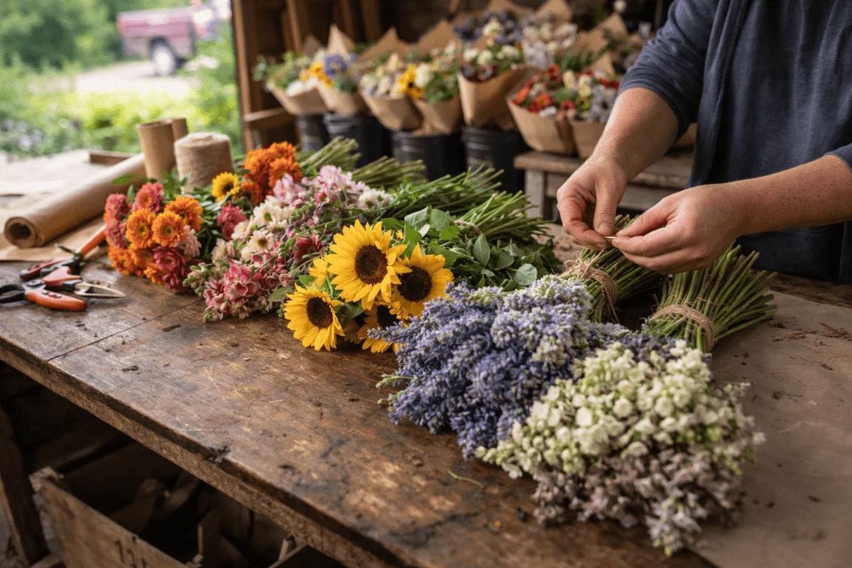 Fresh seasonal cut flowers being bundled in a farm packing shed