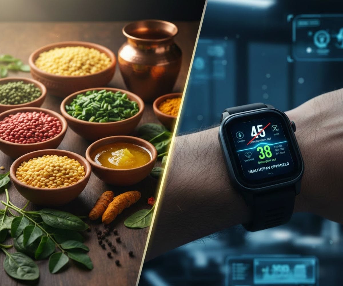 A comparison of traditional Indian longevity foods and modern wearable health technology in 2026.