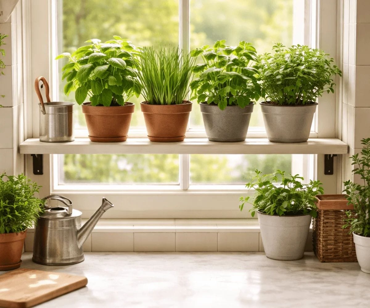 Small herb garden on kitchen window shelf