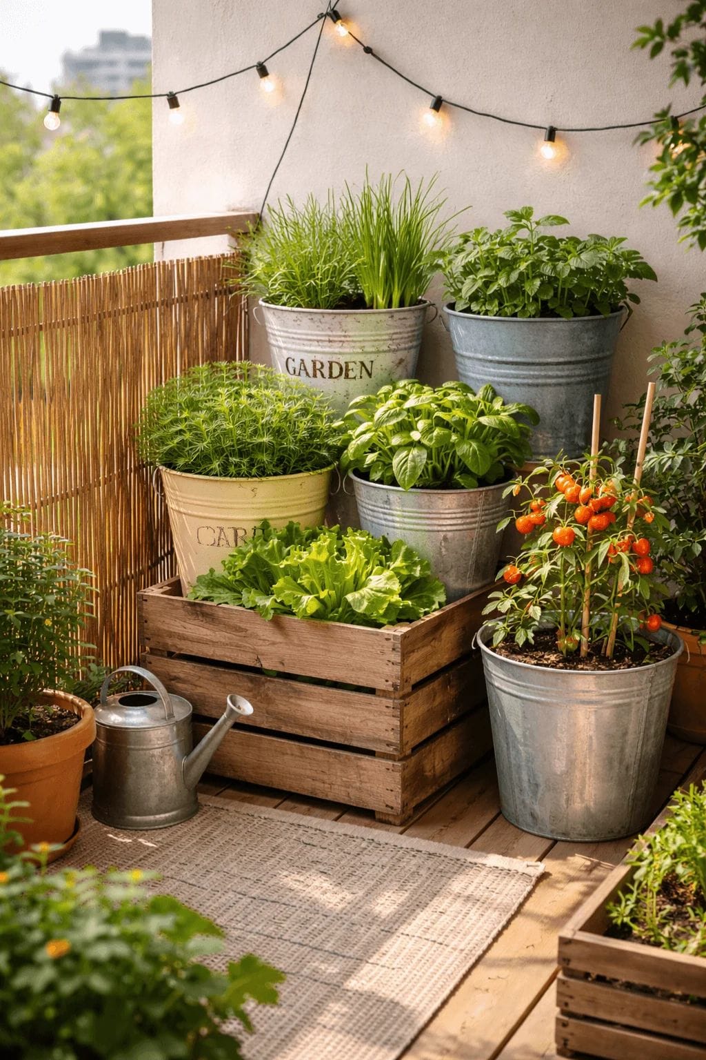 Recycled containers used for small apartment garden