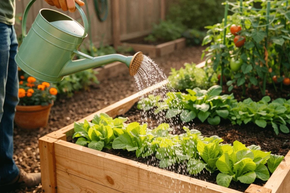 Watering vegetables in raised bed garden