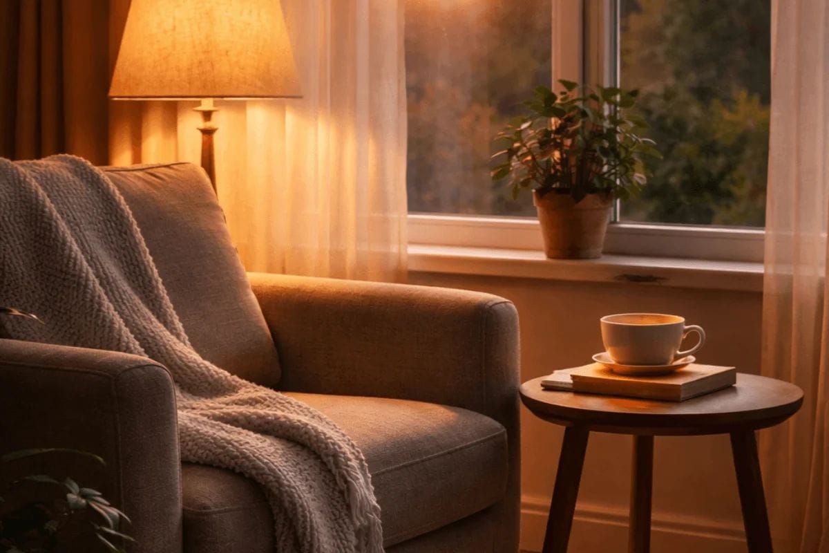 Calm evening routine corner with tea and warm lighting