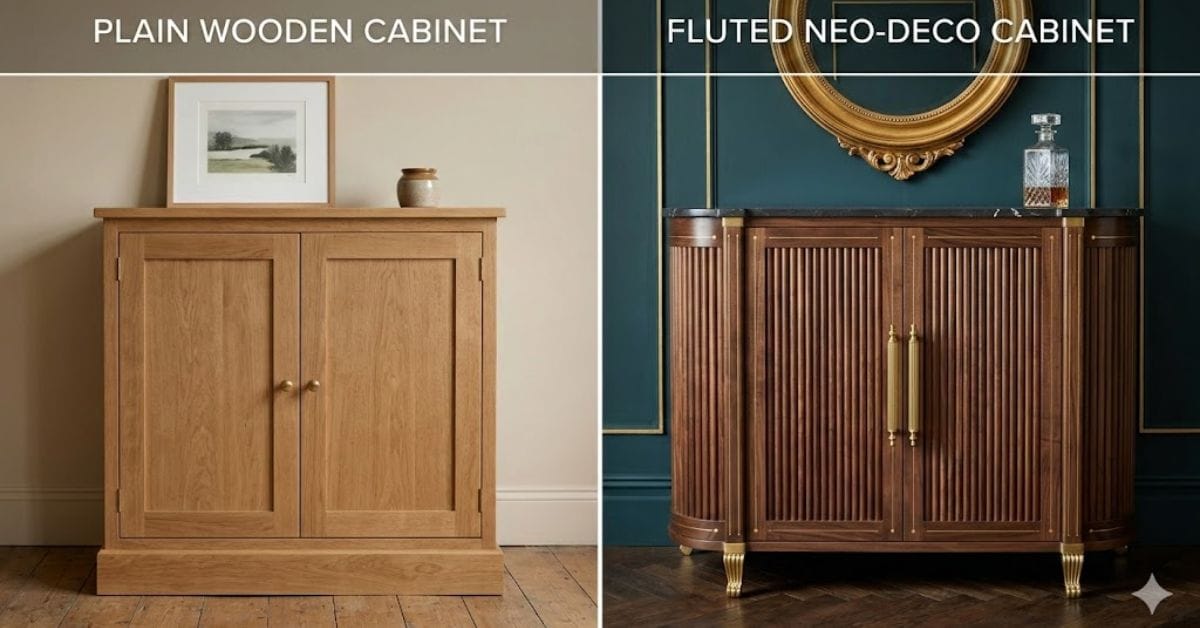 Before and after transformation of a plain cabinet into a DIY Neo-Deco ribbed furniture piece