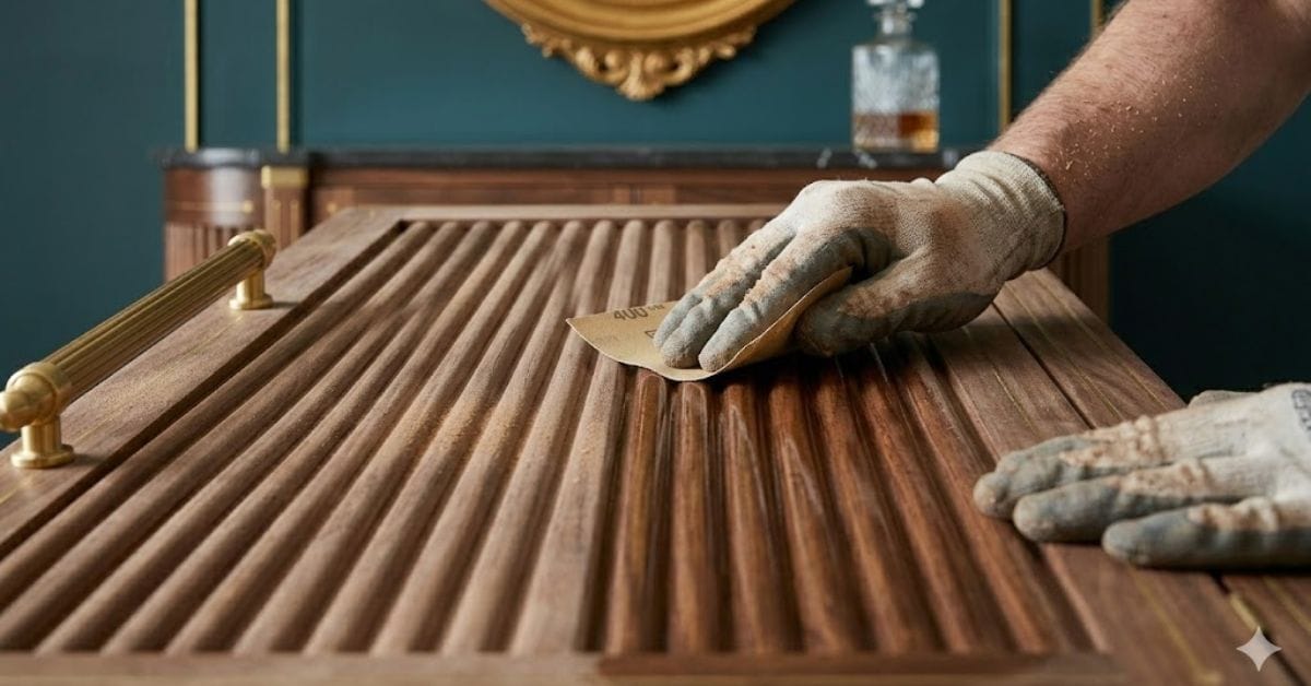 Step-by-step sanding process for DIY fluted coffee table to achieve a professional designer finish