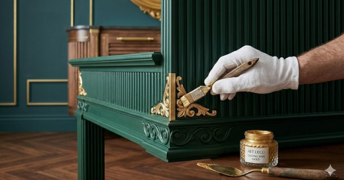Applying gold gilding wax to DIY Neo-Deco furniture for a luxury metallic accent