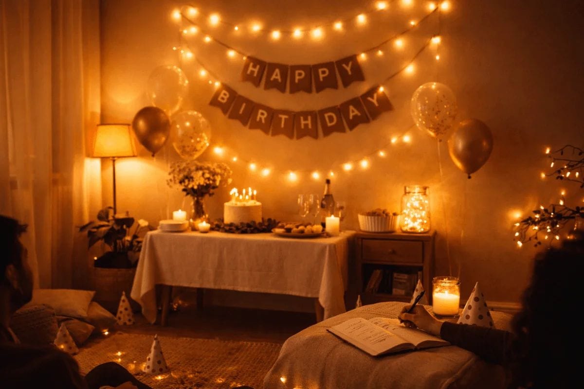 Warm ambient lighting for home birthday celebration
