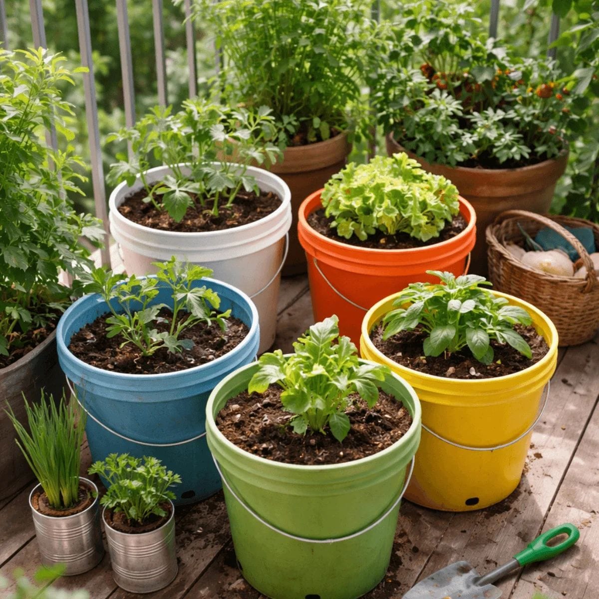 Beginner balcony garden growing plants in recycled containers