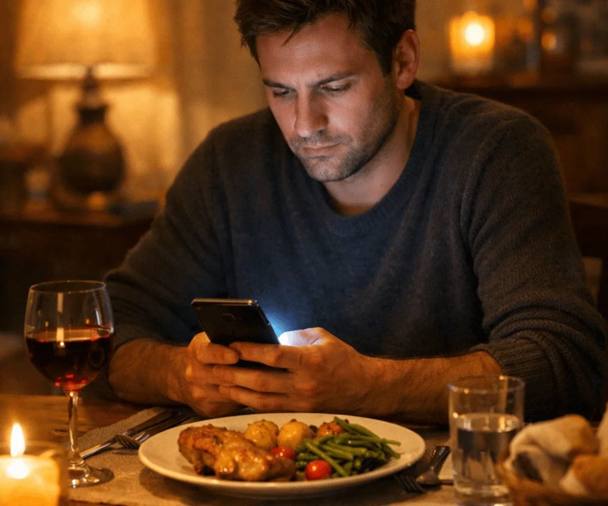 Phone lighting up during dinner showing modern digital distraction