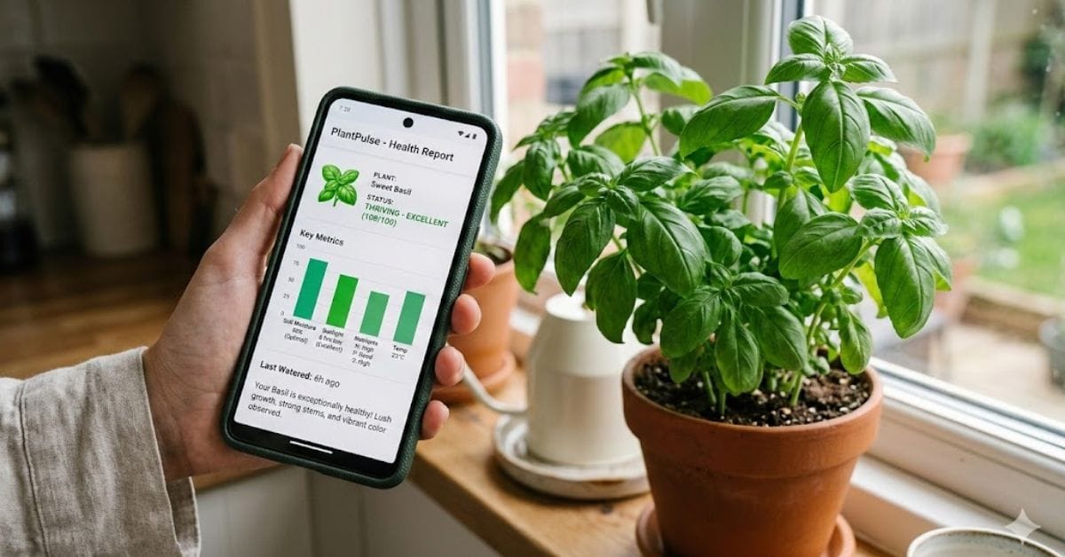 Smartphone displaying AI-generated plant health diagnosis in a home garden.