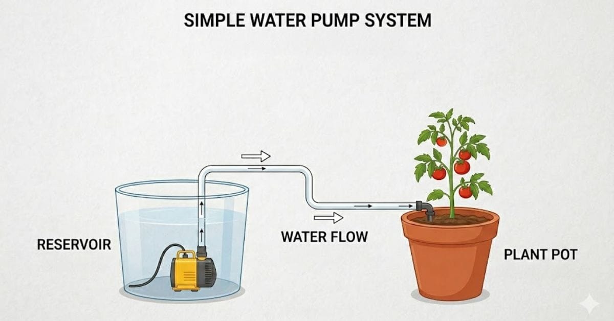 Simple DIY automatic watering system setup with pump and reservoir.