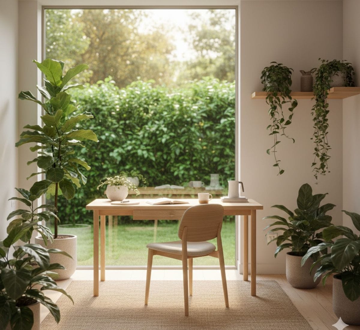 A biophilic office setup with indoor plants and large windows.