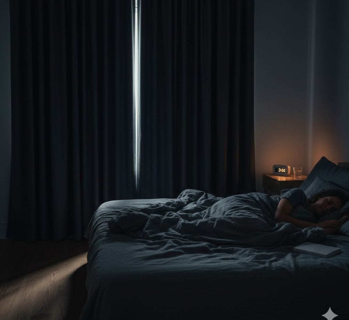 Person sleeping peacefully in a dark bedroom with an alarm clock visible.