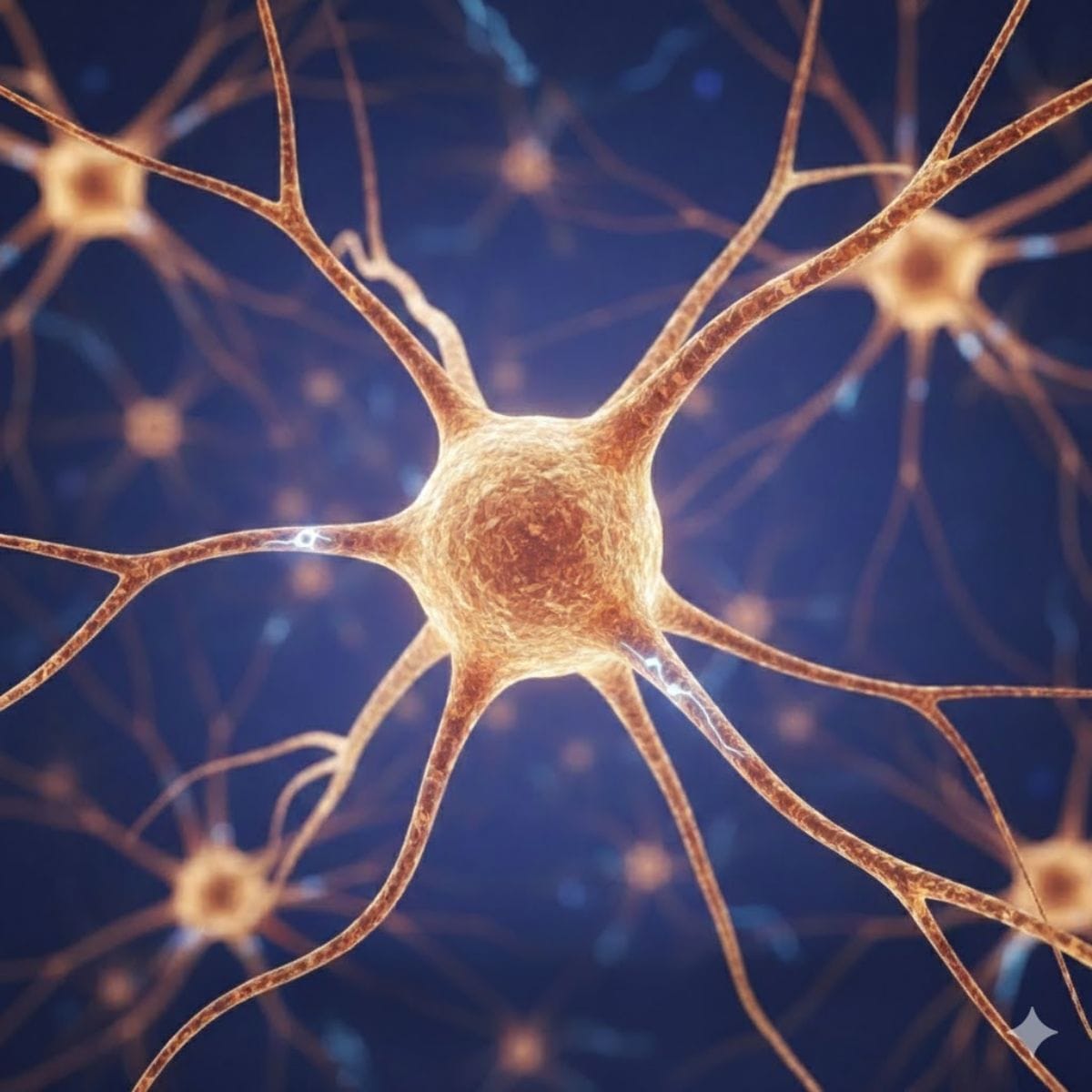 Scientific diagram of a healthy neuron with strong synaptic connections.
