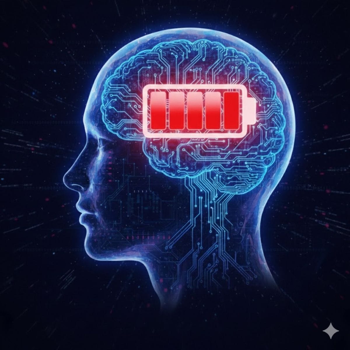 Human brain with a low battery symbol representing cognitive exhaustion.