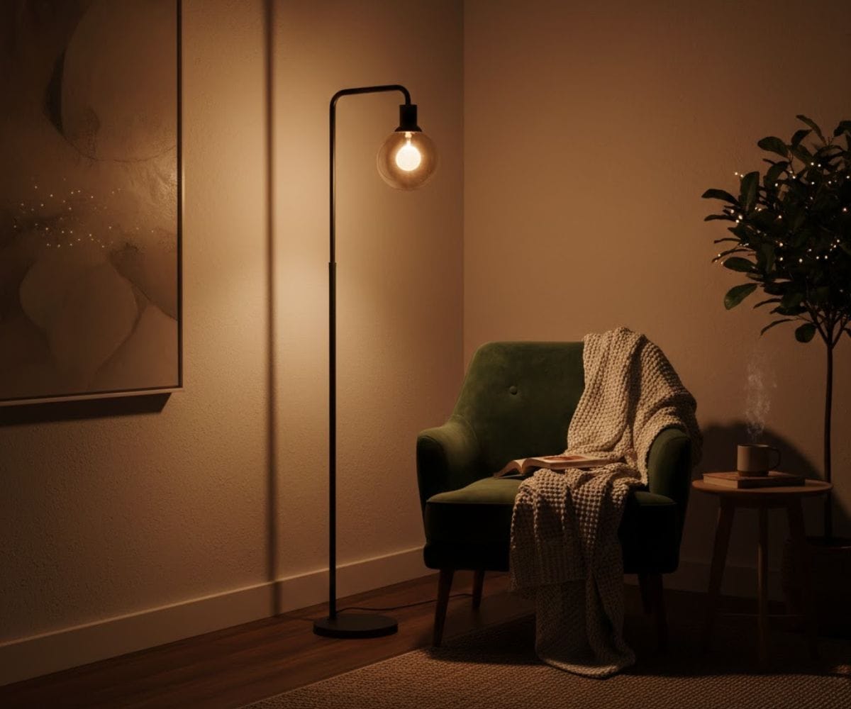 Warm amber lighting vs harsh white overhead lights for home cozy vibes.