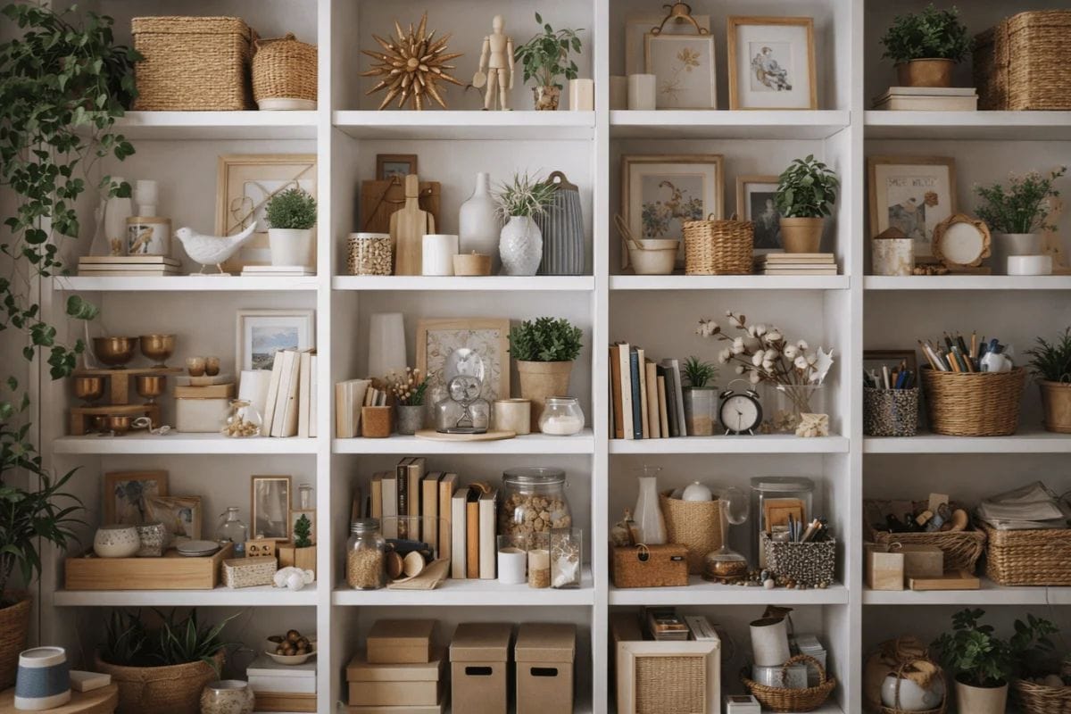 Open shelves filled with decorative items creating visual distraction