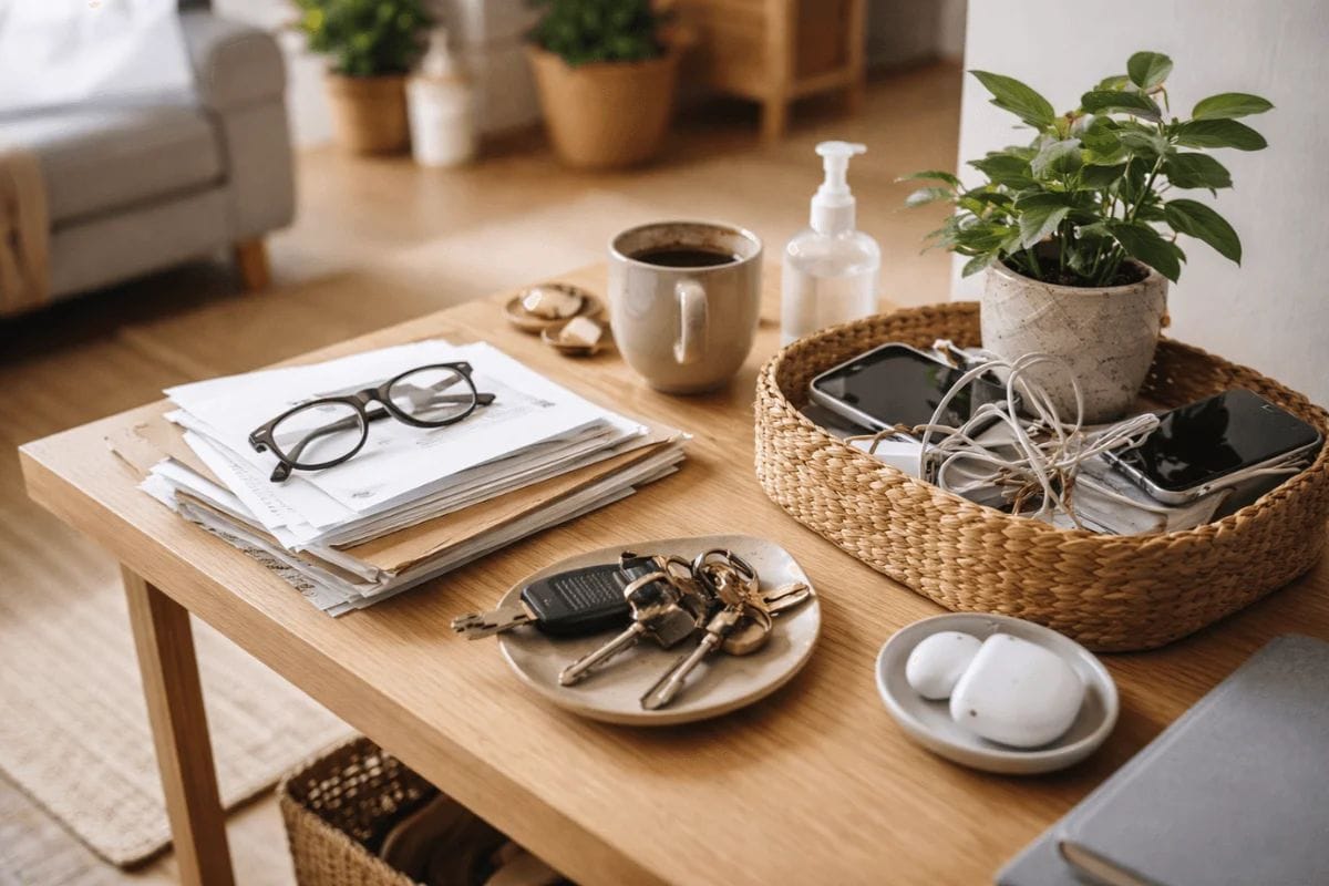 Everyday items collecting on a table despite a clean home