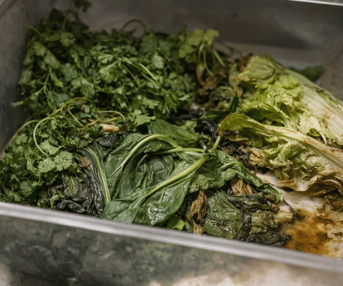 Spoiled leafy greens forgotten inside a refrigerator drawer