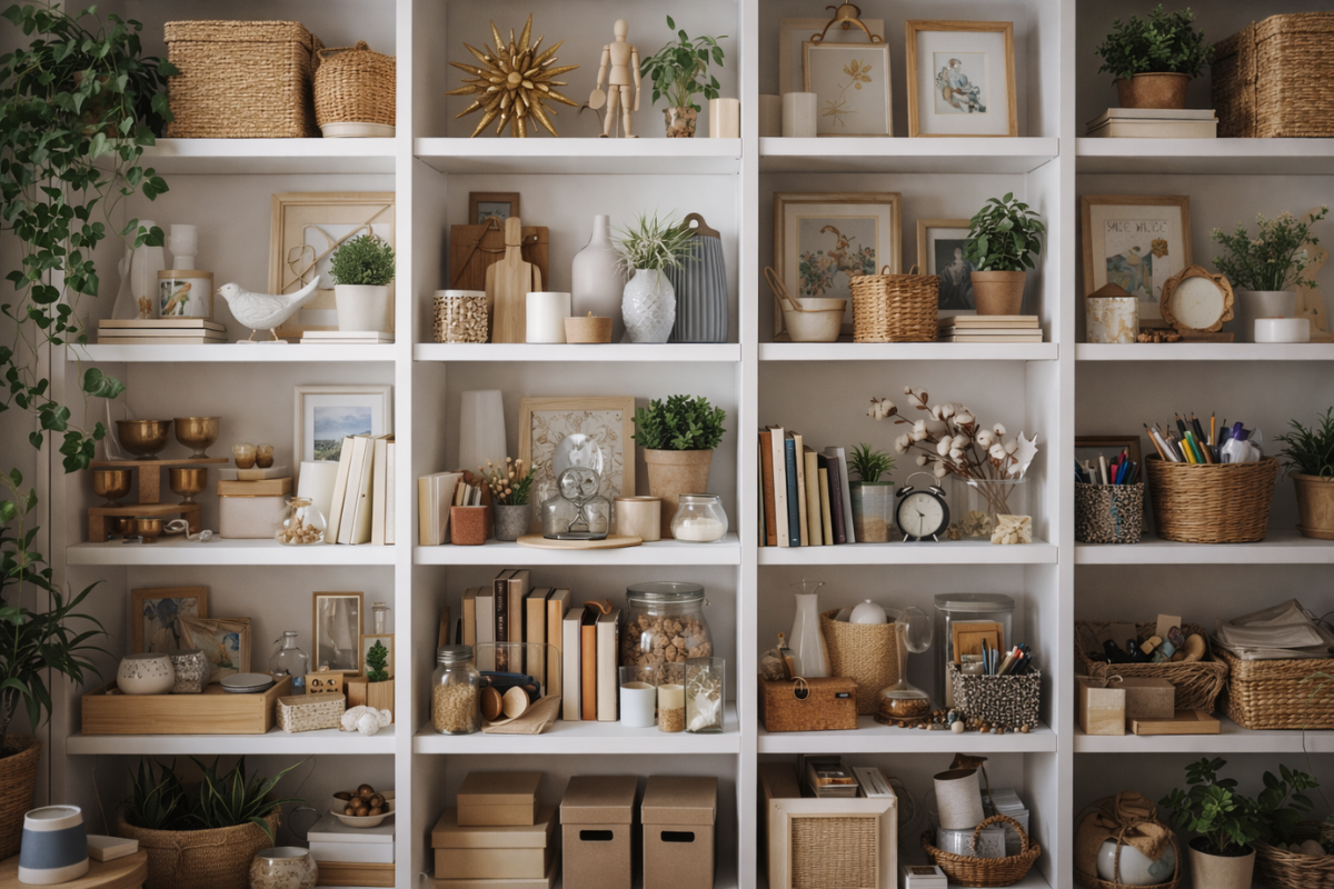 Open shelves filled with decorative items creating visual distraction