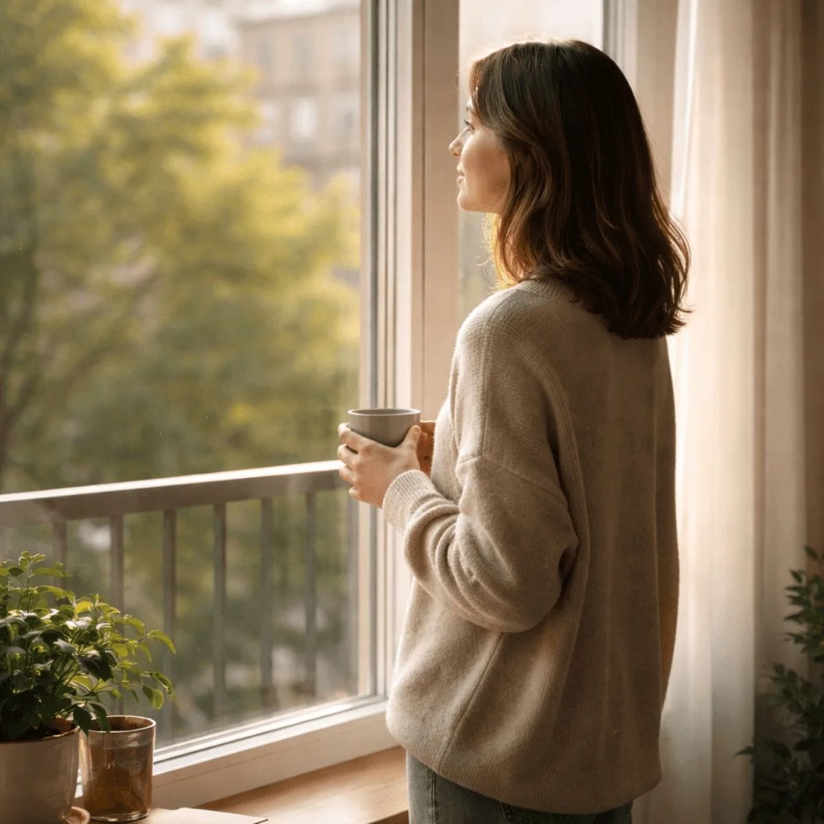 Person standing still by a window and noticing their surroundings