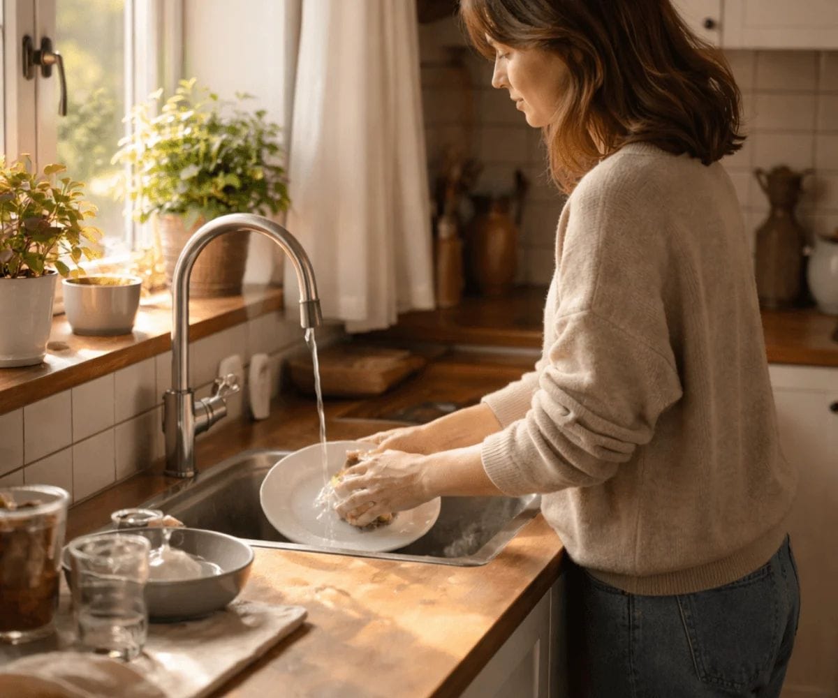 Washing dishes slowly without distractions in a quiet kitchen
