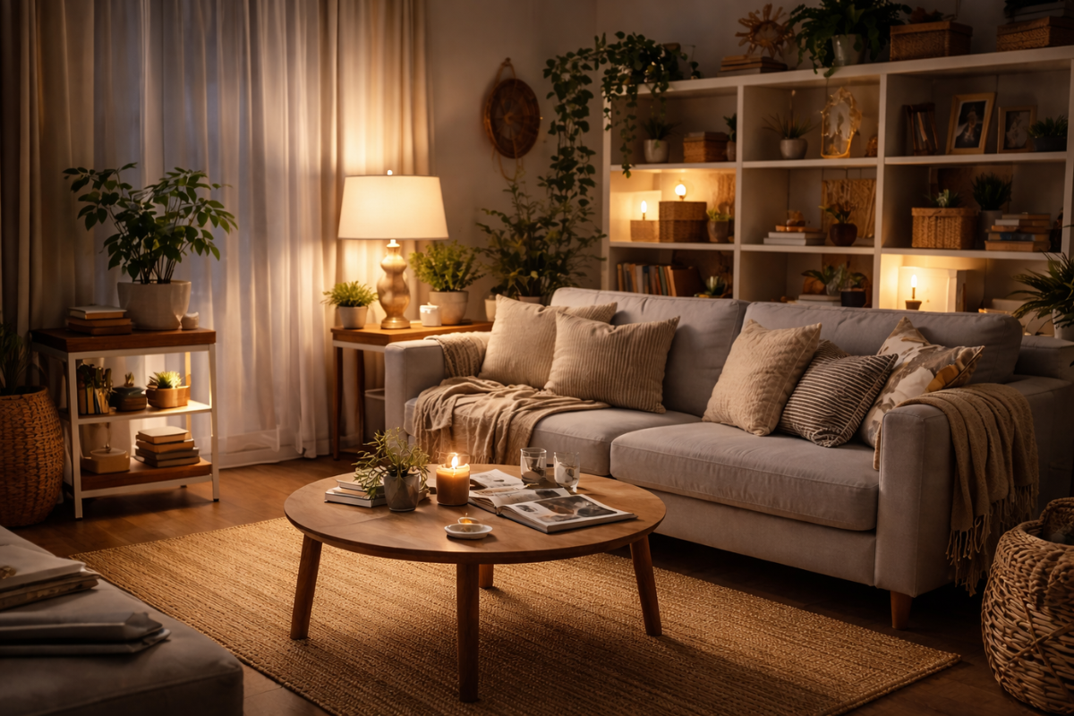 Soft layered lighting in a living room creating a calmer atmosphere