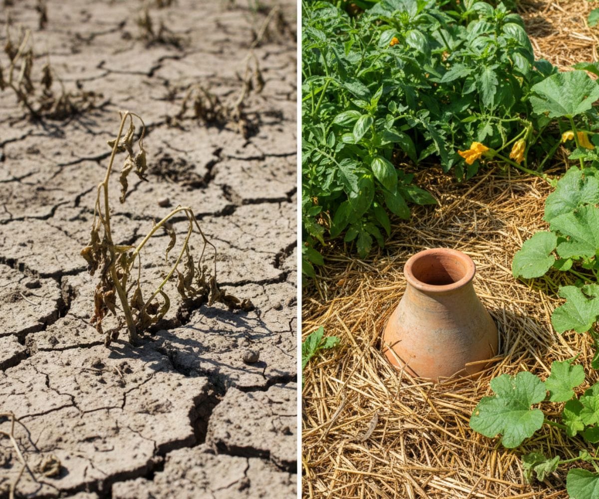 High-yield climate-smart garden with straw mulch and olla pots