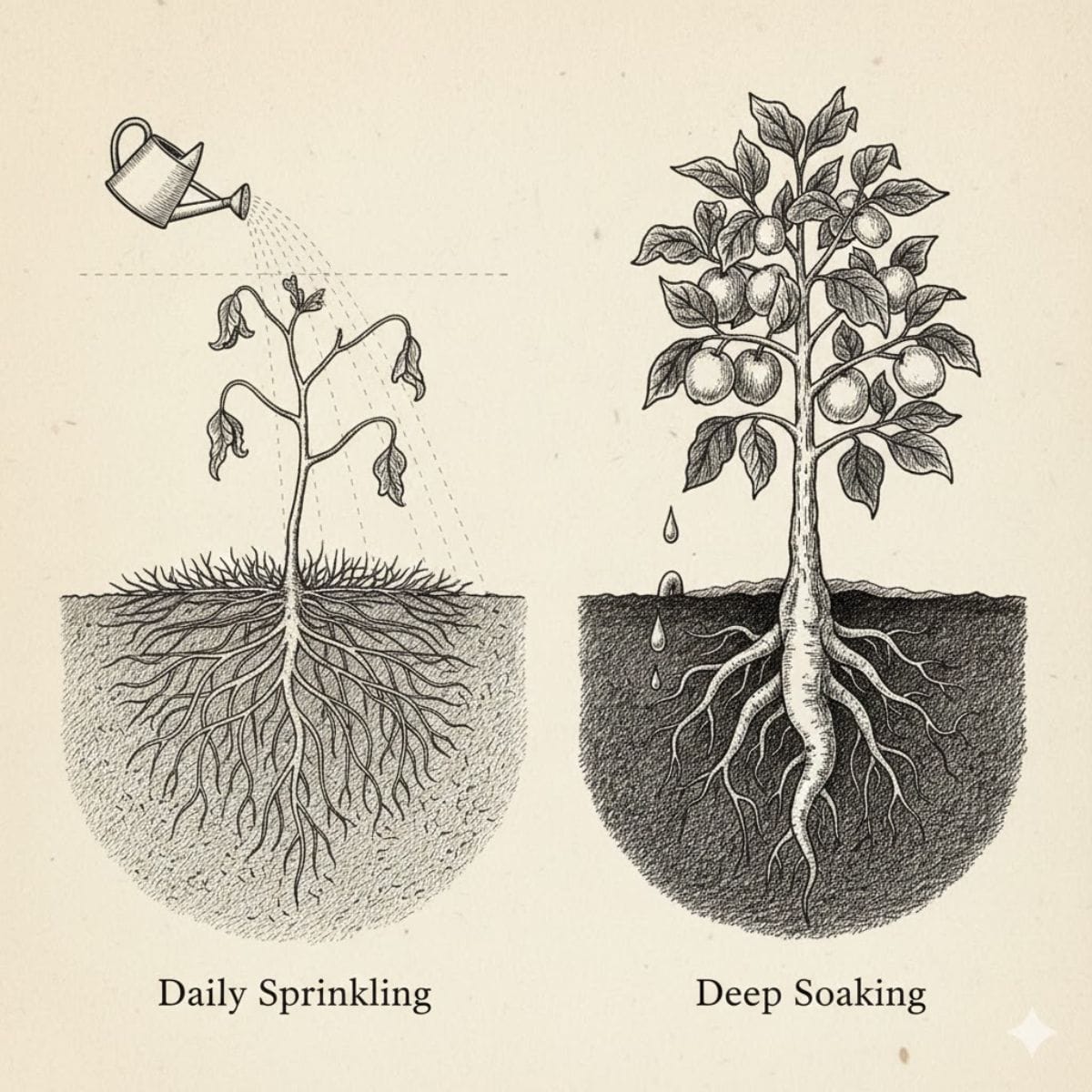 Deep soak watering vs shallow watering root growth diagram