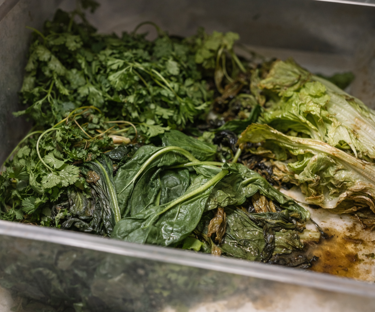 Spoiled leafy greens forgotten inside a refrigerator drawer