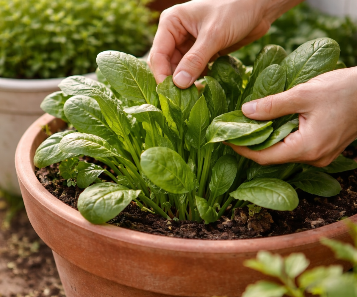 harvesting only a few fresh leaves from a growing plant