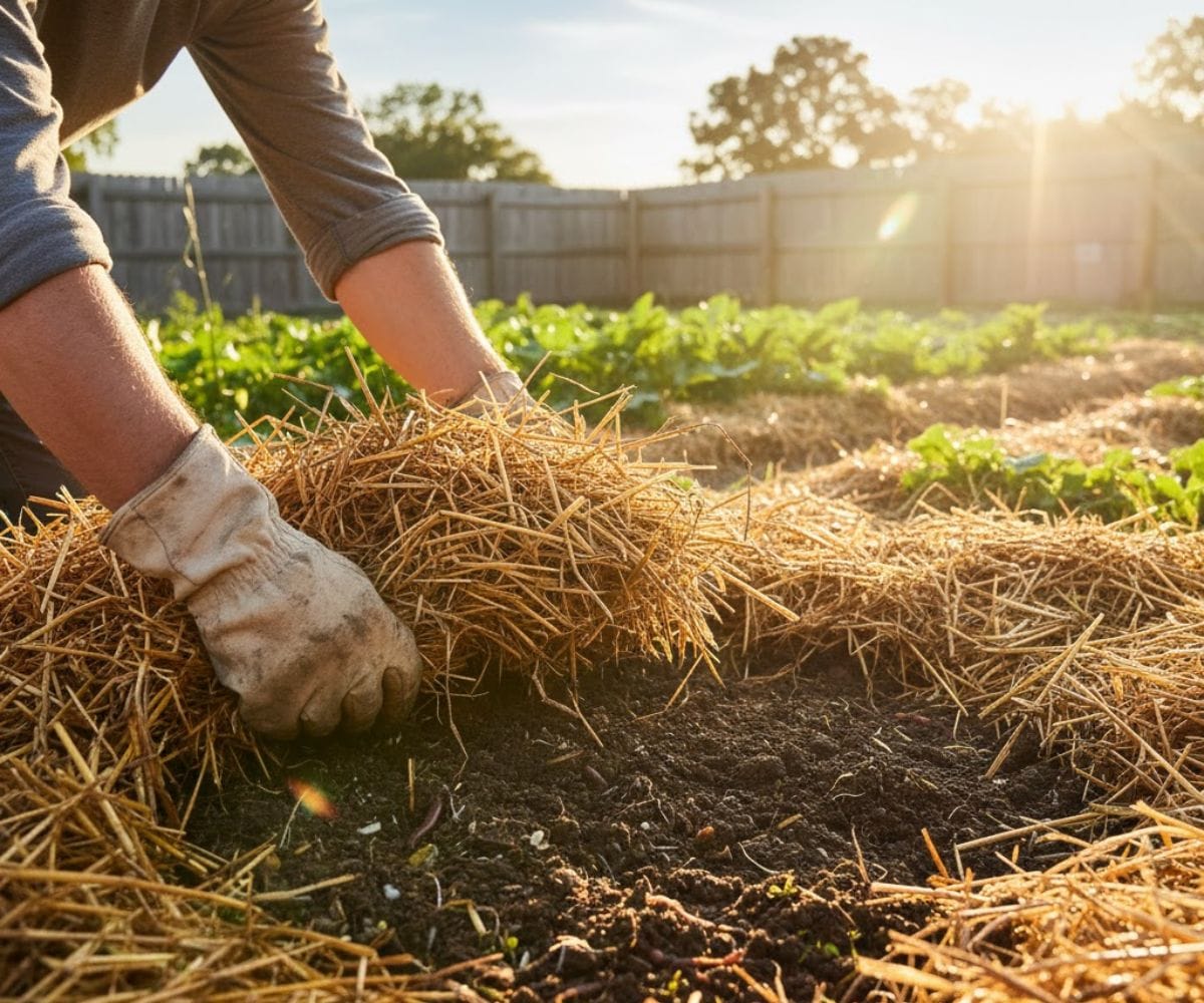 Applying thick straw mulch to garden beds for moisture retention