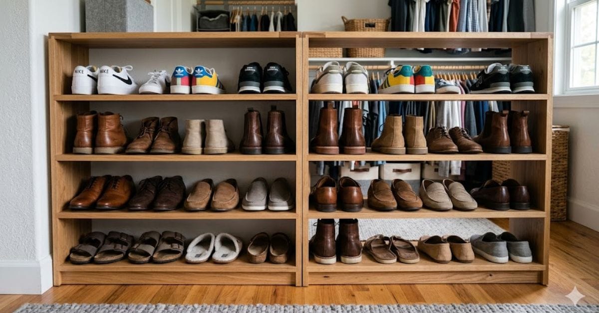 Back-to-back bookshelf shoe organizer island