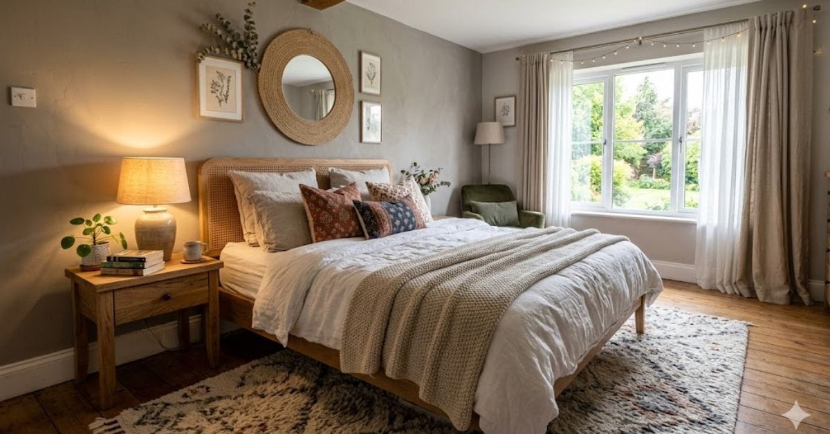 A cozy bedroom designed with 10 DIY Bedroom Texture Layers for deep sleep and regeneration.