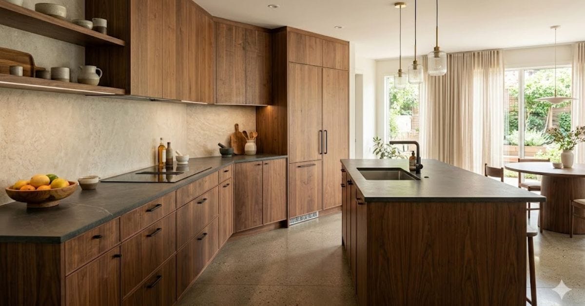 Quiet Luxury Kitchen with Matte Walnut Cabinets and Invisible Appliances