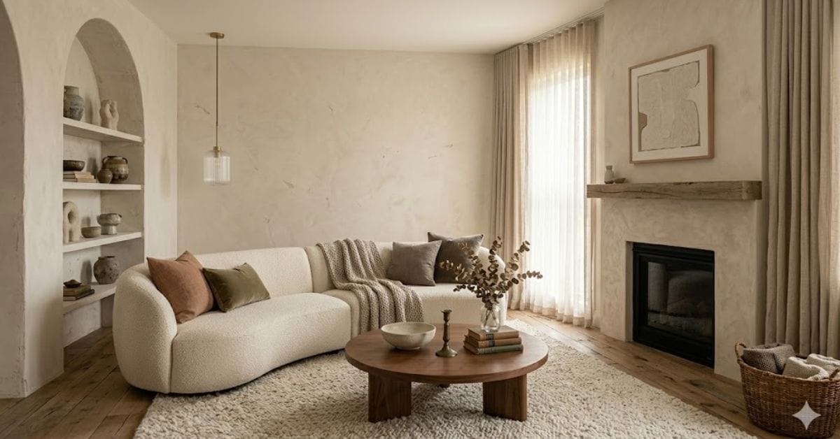 Modern Living Room with Limewash Walls and Curved Furniture