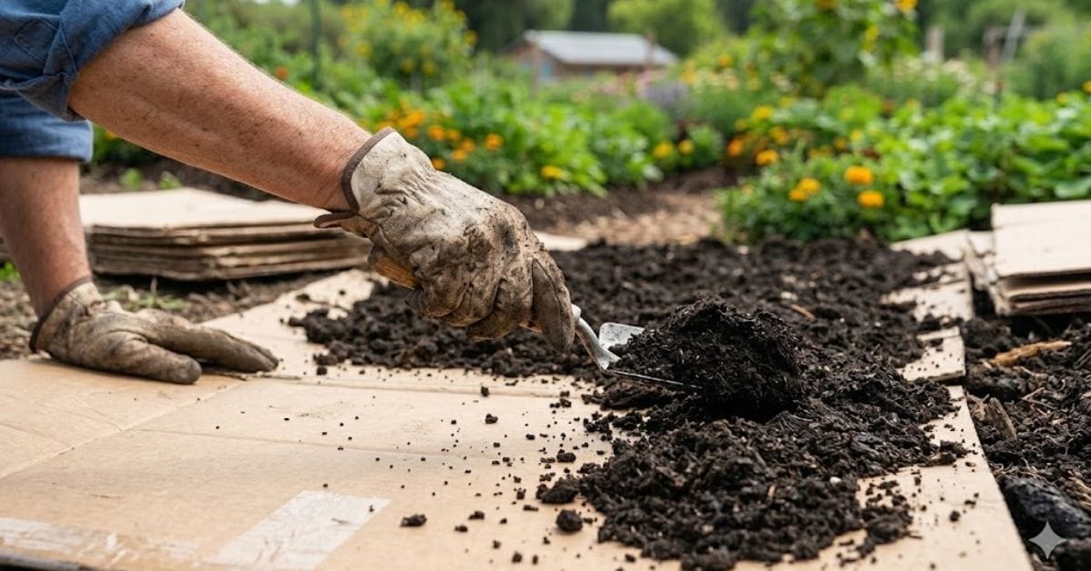 Gardener implementing the cardboard trick and applying a mulch layer for a no-dig garden bed.
