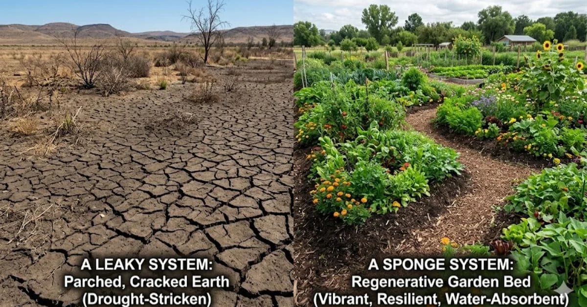 Comparison of a dry traditional garden versus a lush regenerative water-positive garden bed.