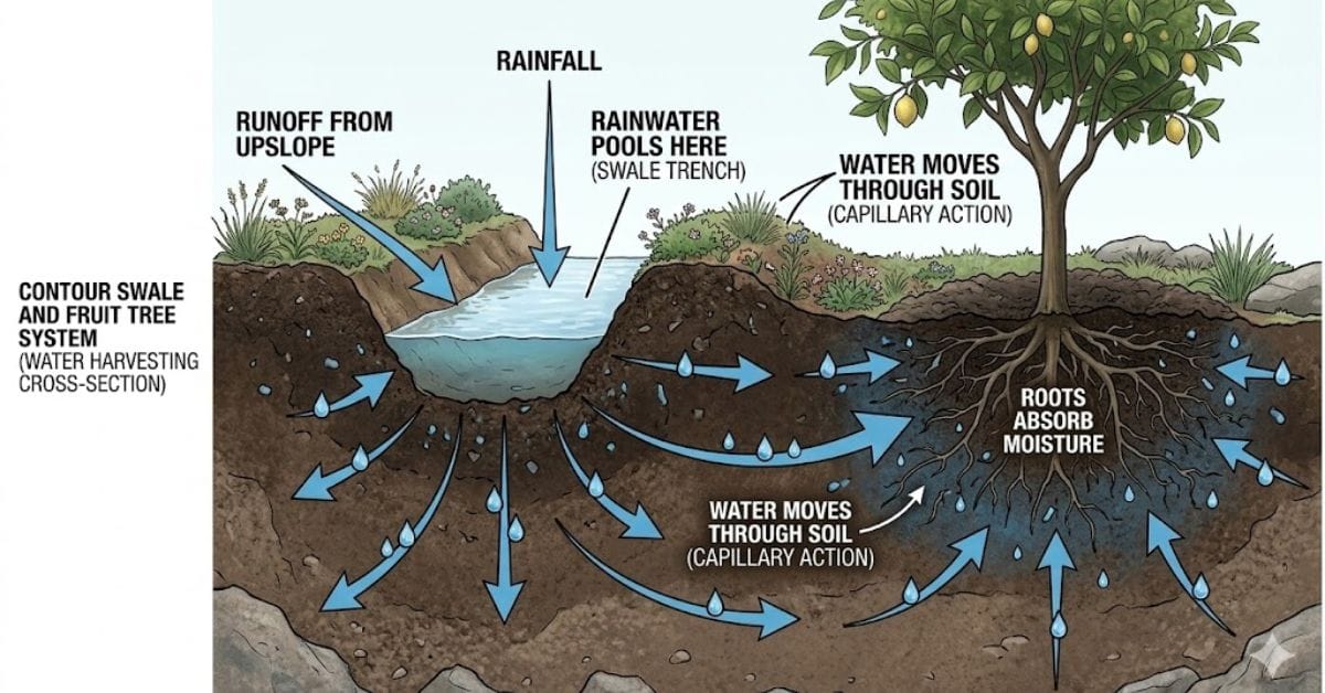 Diagram of a contour swale capturing rainwater runoff and hydrating fruit tree roots in a regenerative landscape.