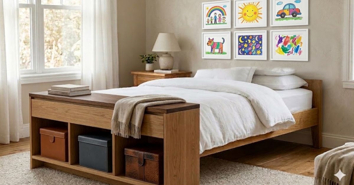 Kids bedroom gallery wall with interchangeable art frames.