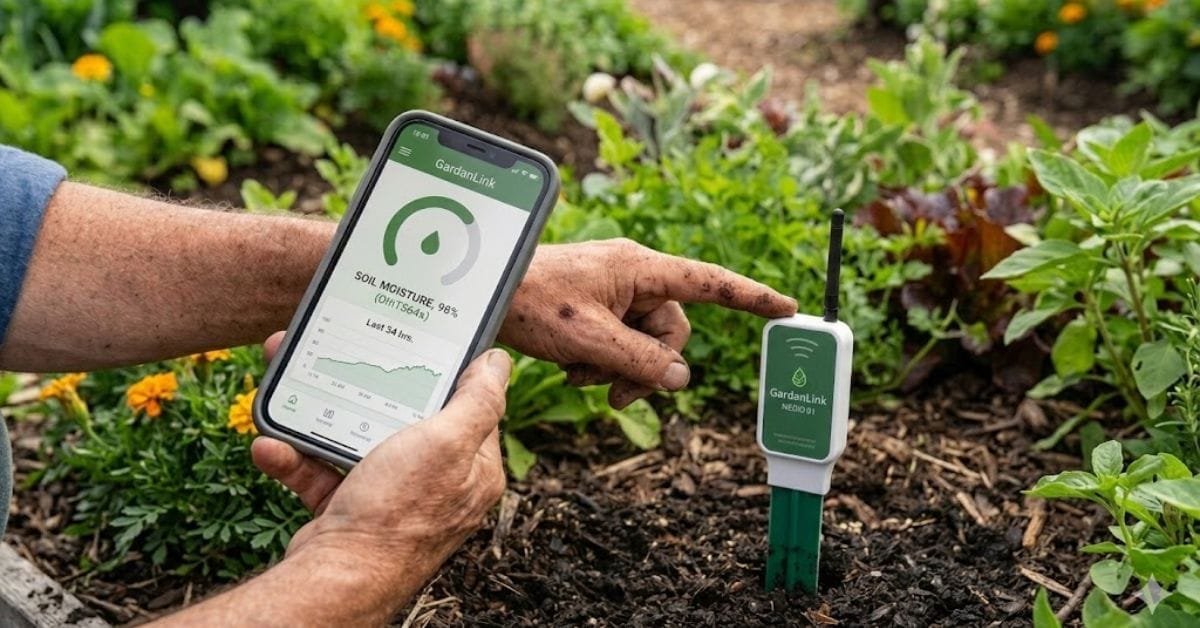 A smartphone app displaying real-time data from a smart soil moisture sensor in a regenerative garden bed.