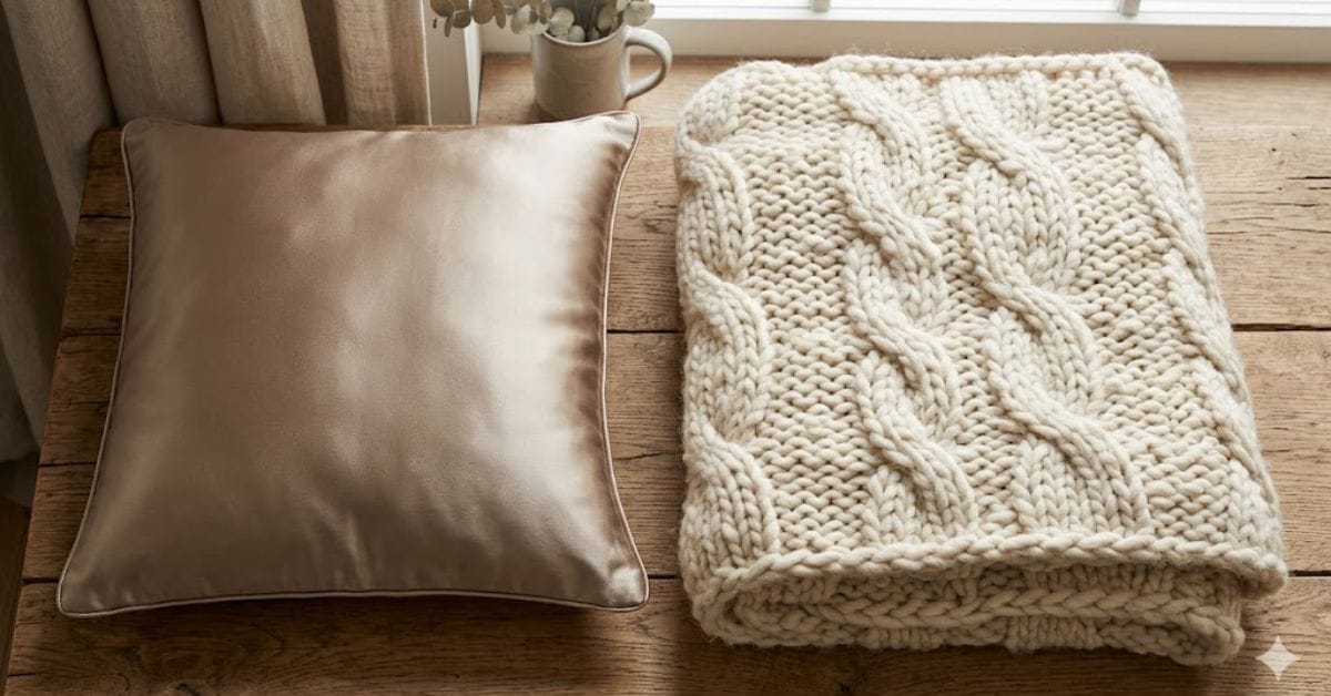Textural contrast in a bedroom using smooth silk and rough knit fabrics.