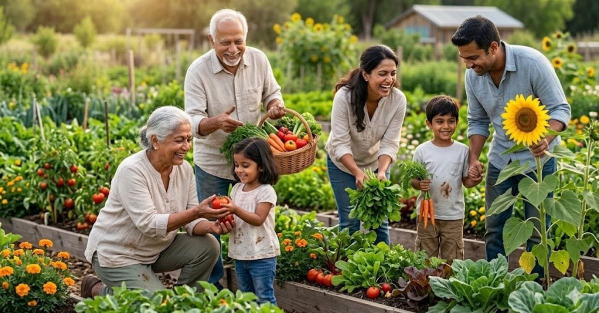 A happy family harvesting abundant, healthy vegetables from their self-sufficient, water-positive regenerative backyard garden in 2026.