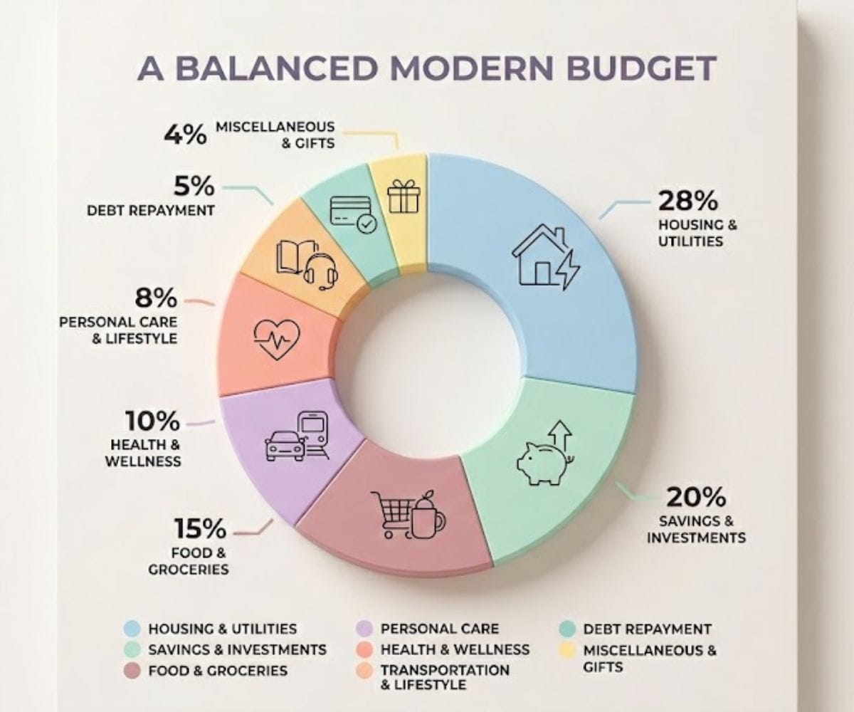 A colorful pie chart showing the  Soft Saving budget breakdown: 50% Needs, 30% Wants, 10% Long-term Savings, and 10% Live Now Fund.