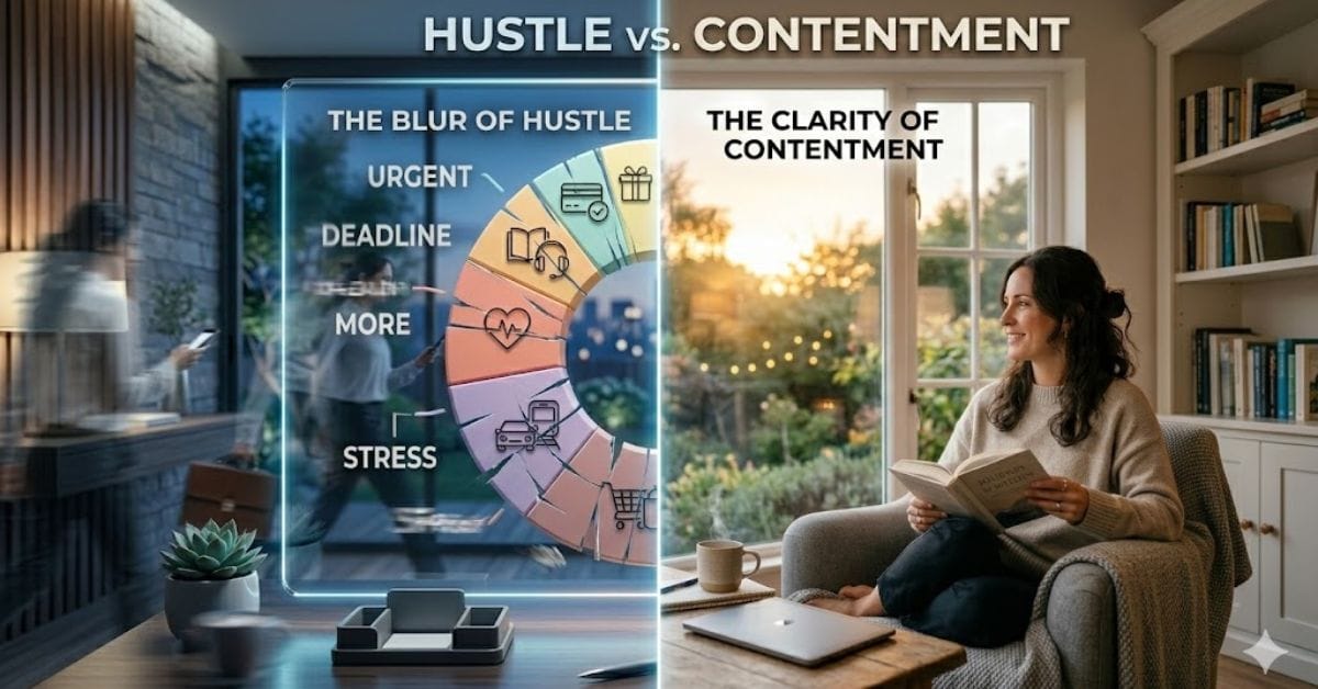 A side-by-side comparison of the chaotic hustle culture lifestyle versus the intentional, calm soft saving lifestyle.