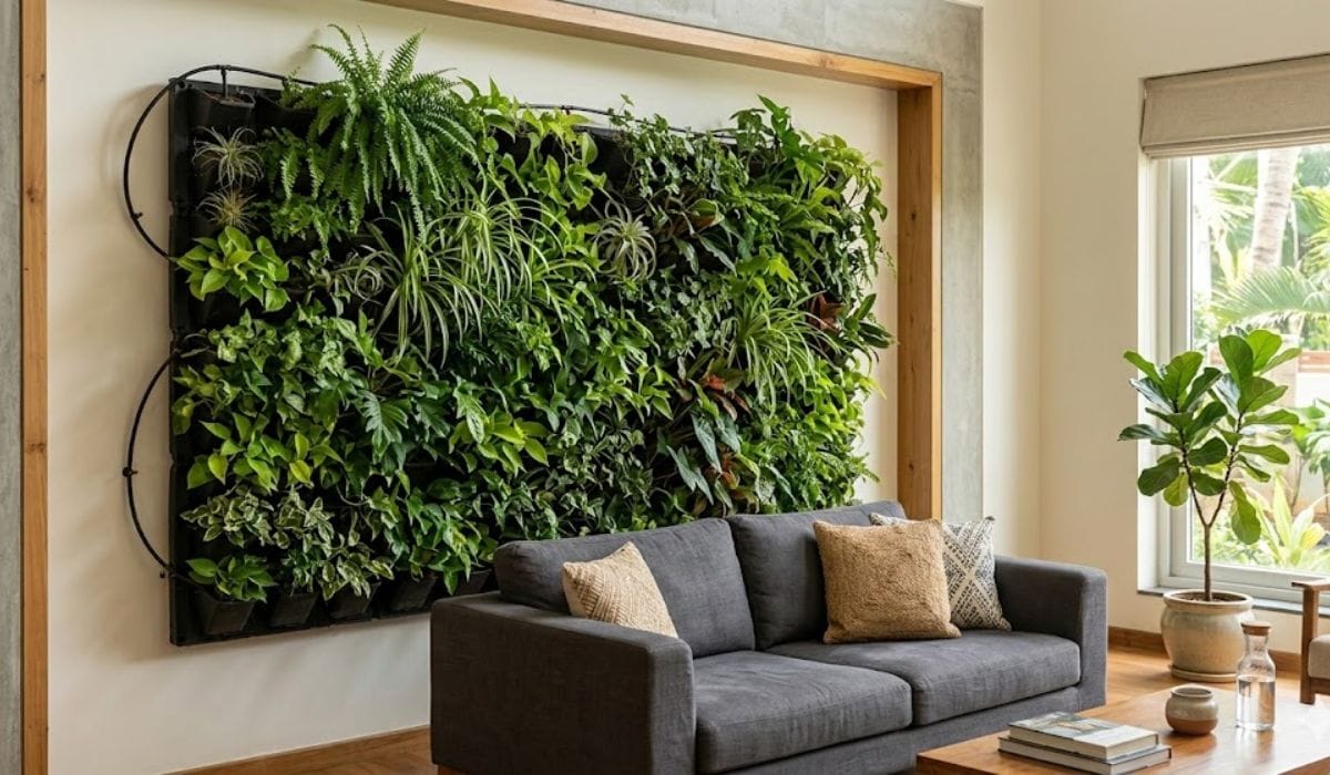 DIY vertical living wall with indoor plants and irrigation system.