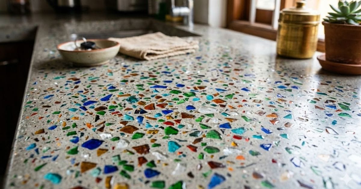 Upcycled terrazzo kitchen countertop made from recycled glass and concrete.