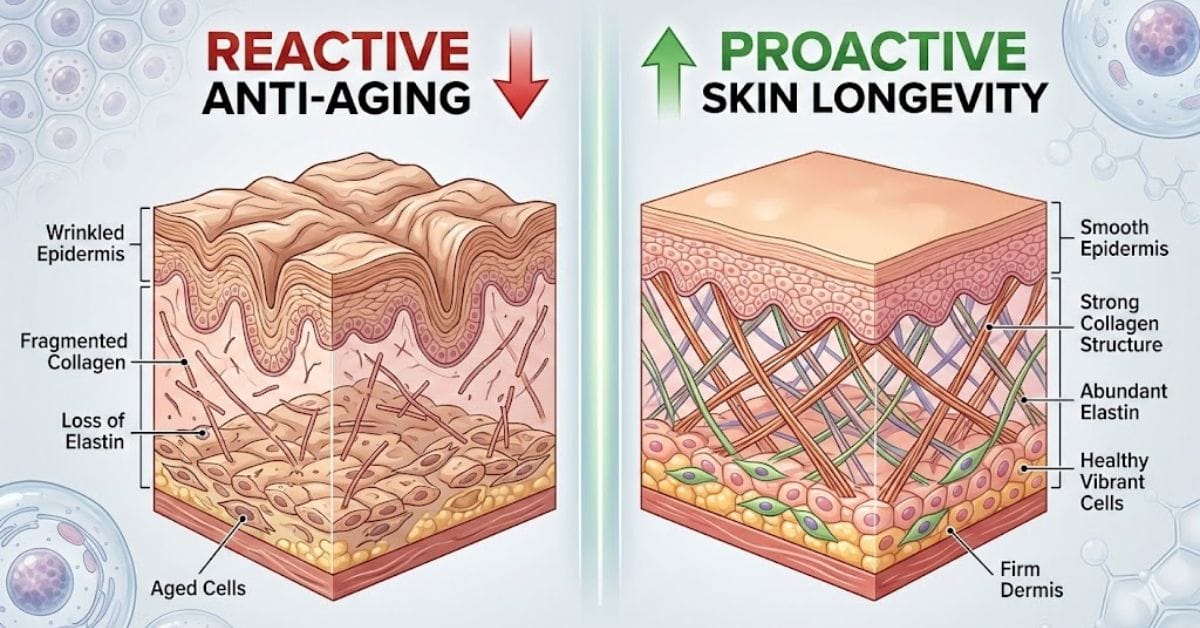 Comparison of Anti-Aging vs Skin Longevity showing cellular structure.
